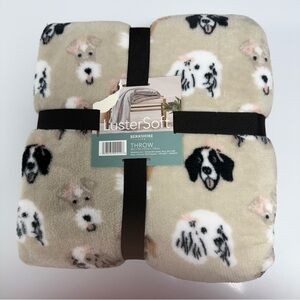 NWT Berkshire LusterSoft Throw Blanket Beige Dogs Print 50”x70” Dog Poodle Pup